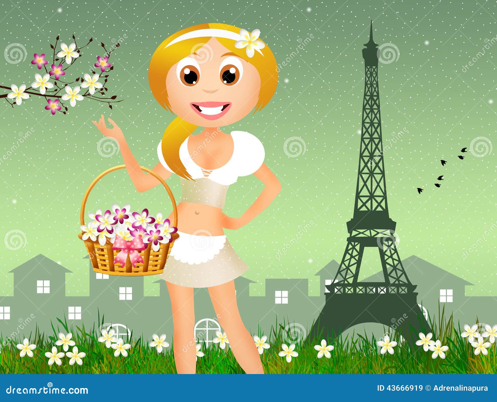 Girl with flowers in Paris stock illustration. Illustration of funny