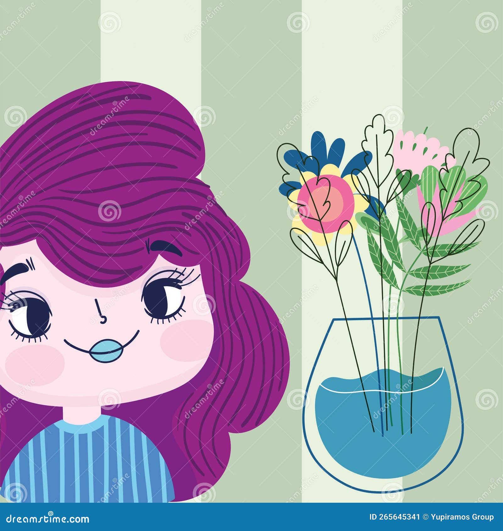 Girl and flowers stock vector. Illustration of vase 265645341