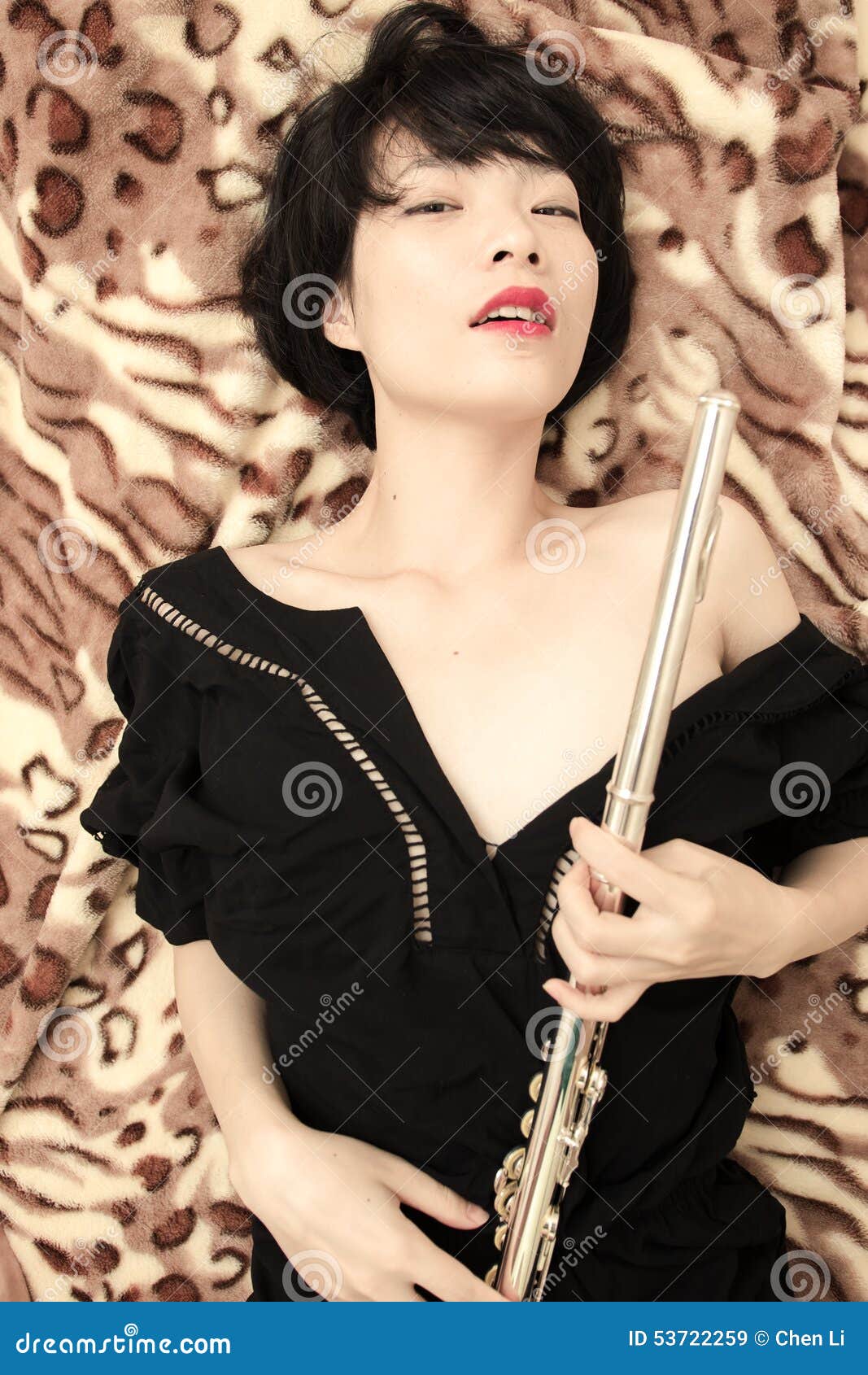 Girl and flute stock image. Image of black, eyes, background 53722259