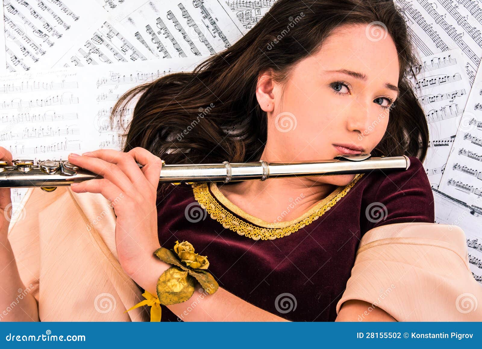 The Girl with a Flute and Notes Stock Photo Image of creativity