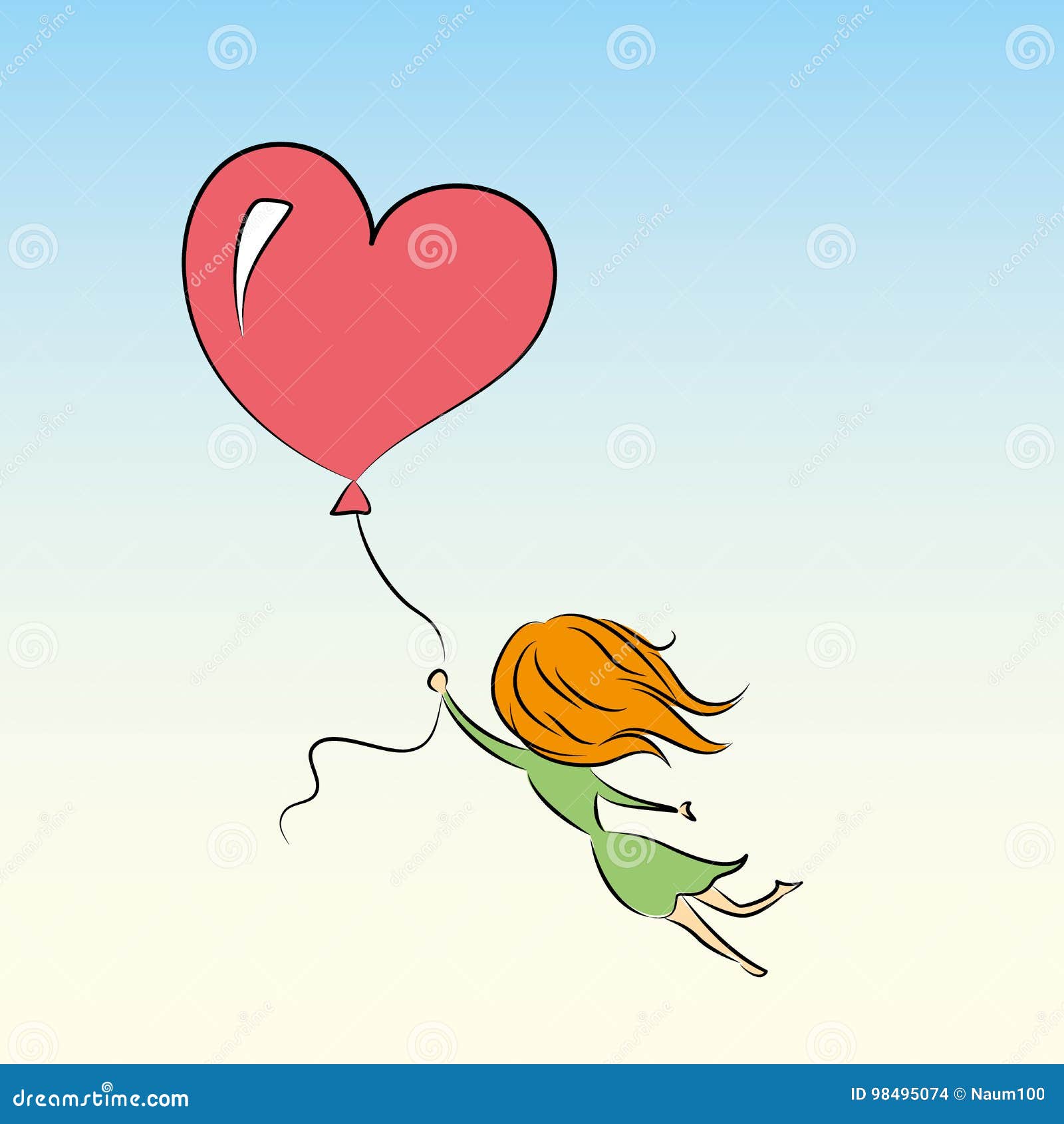 Girl is Flying on a Balloon in the Shape of Heart Stock Vector Illustration of doodle, girl