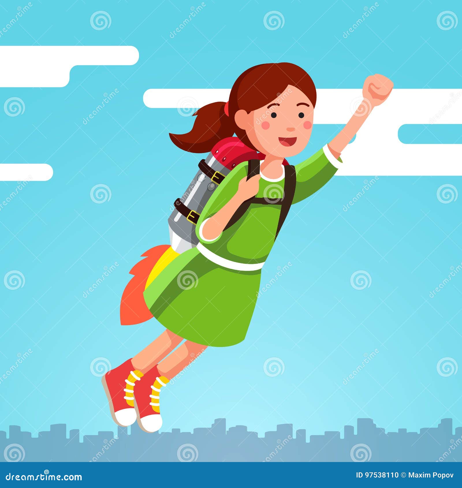 Girl Flying In The Sky Clouds On A Rocket Jetpack Vector Illustration