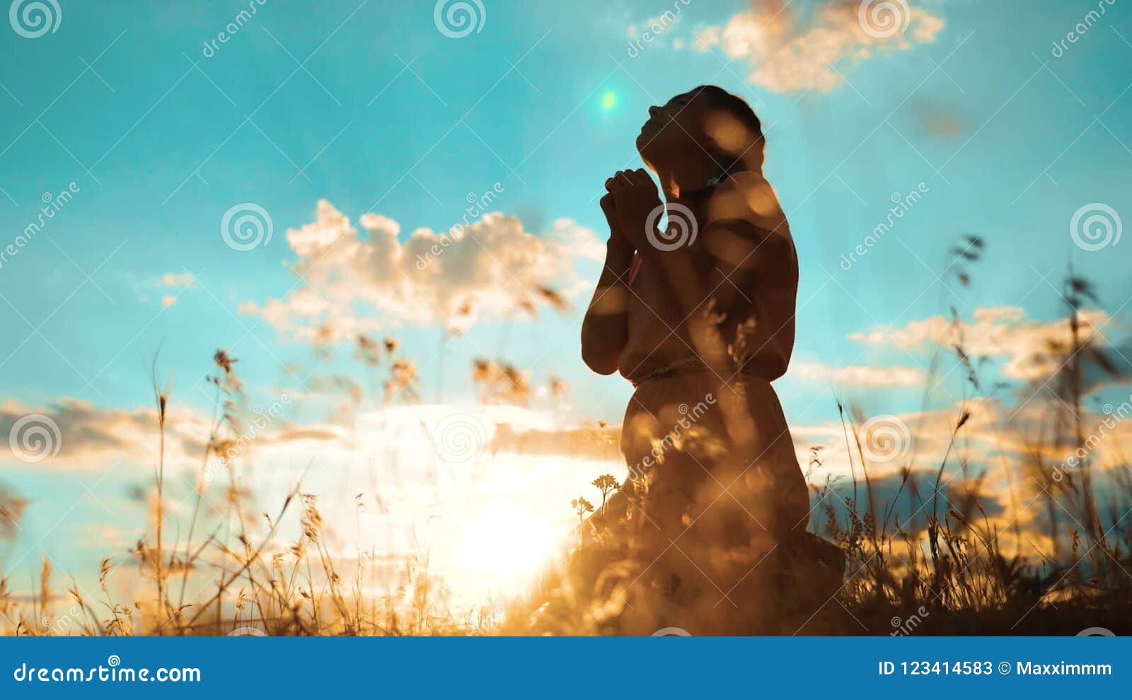 Girl Folded Her Hands In Prayer Silhouette At Sunset Woman Praying On 