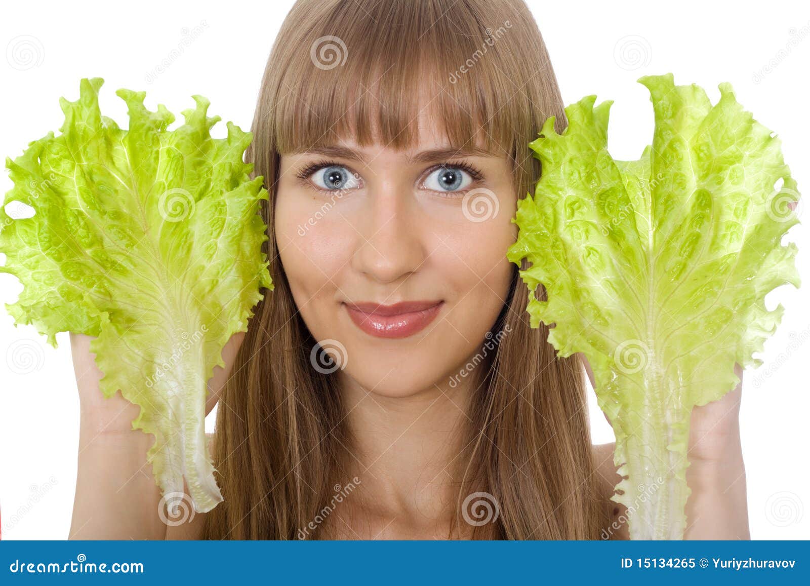 Girl with Fresh Leaves of Lettuce Isolated Stock Image Image of