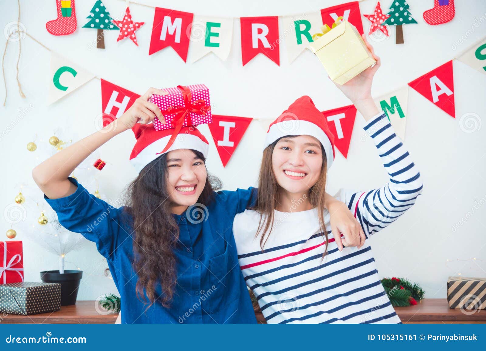 Girl Frind Holding Christmas Gift Box and Smile Stock Image Image of