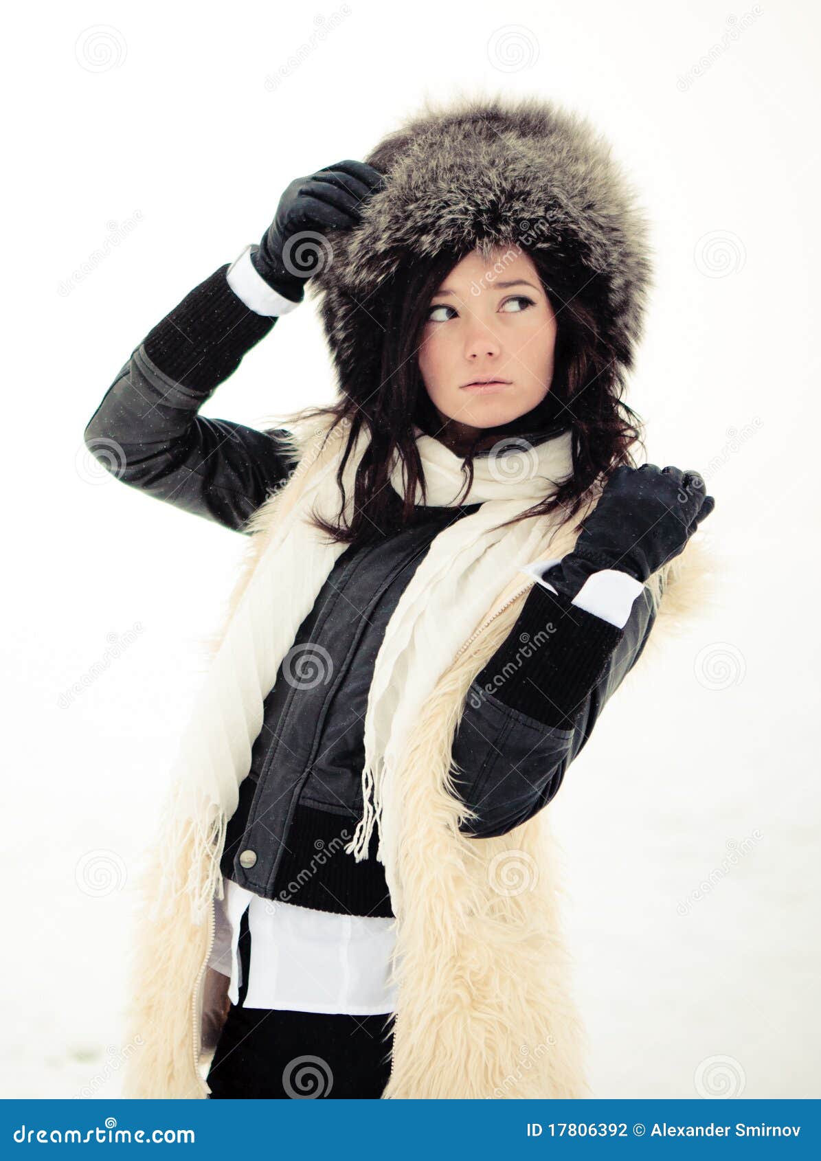 Girl in a Fur Coat, Hat and Gloves Stock Photo - Image of camera ...