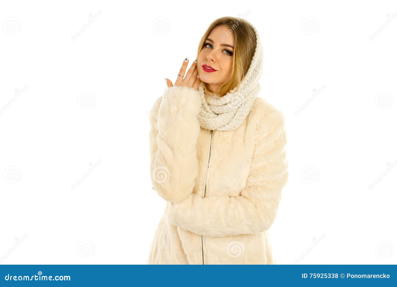 Girl In A Fur Coat And Scarf Posing Stock Photo - Image of serious ...