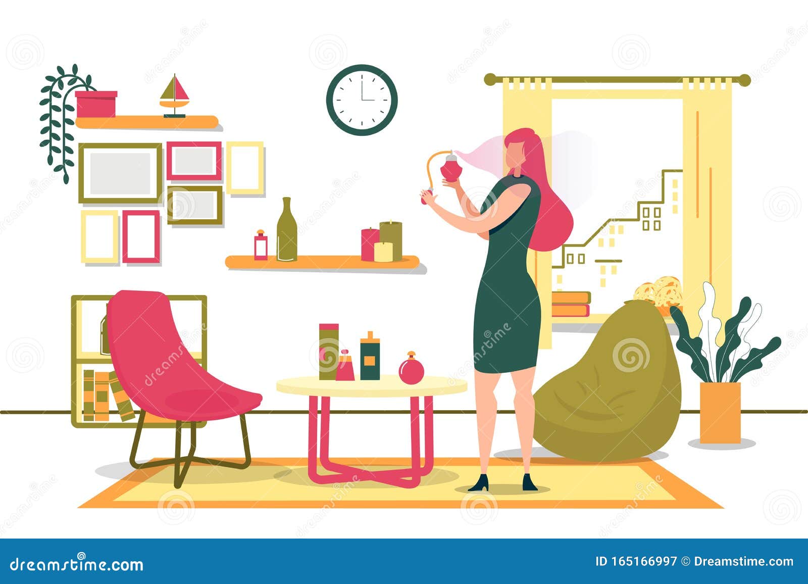 Girl Getting Ready for Meeting at Home, Cartoon Stock Illustration -  Illustration of aroma, armchair: 165166997