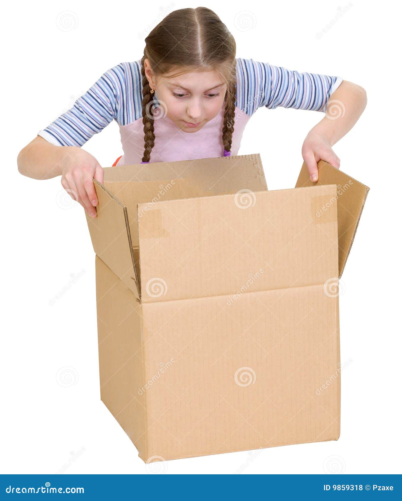 girl glance at cardboard box
