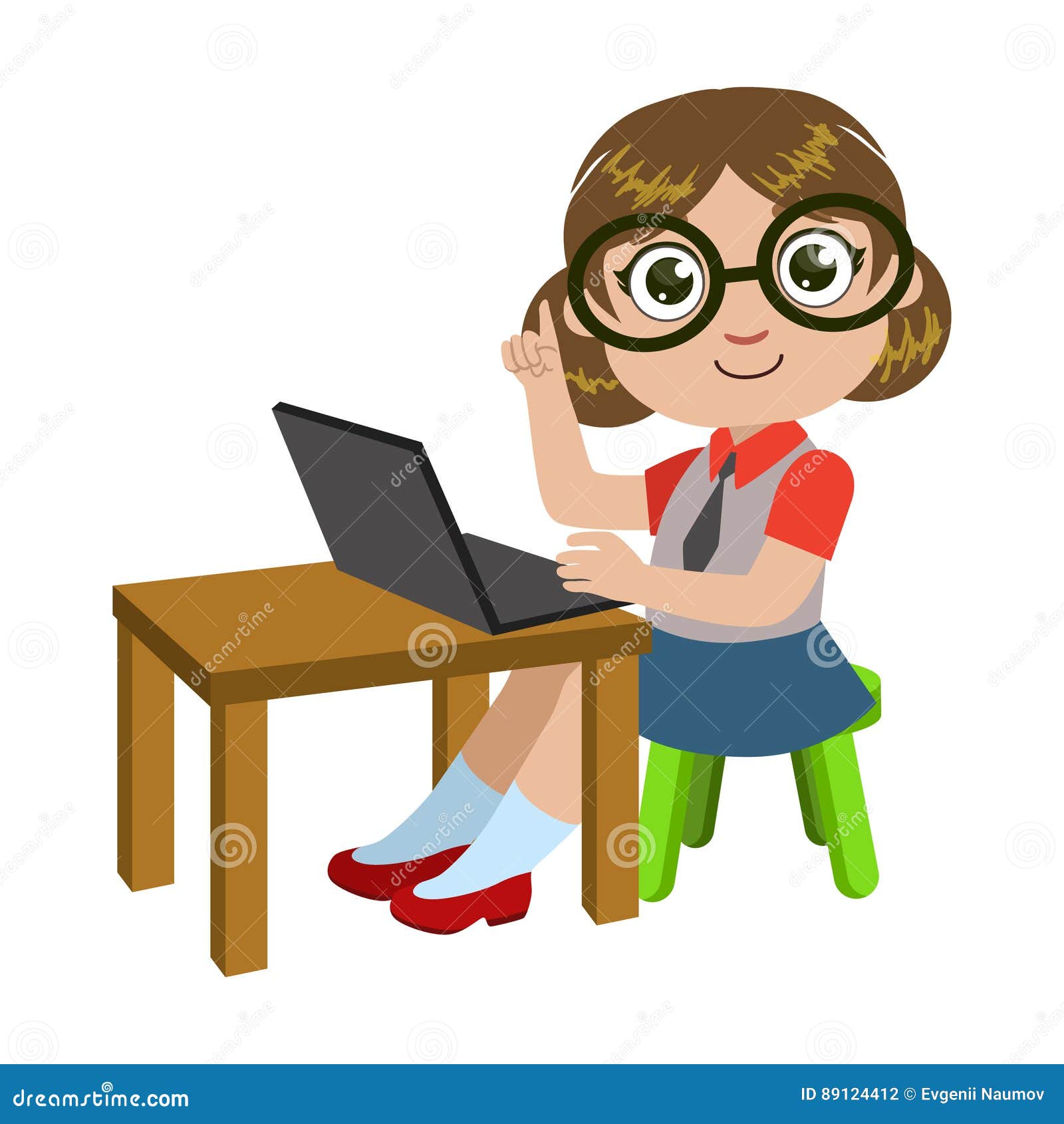 Girl In Glasses Sitting At The Desk With Lap Top Part Of Kids And