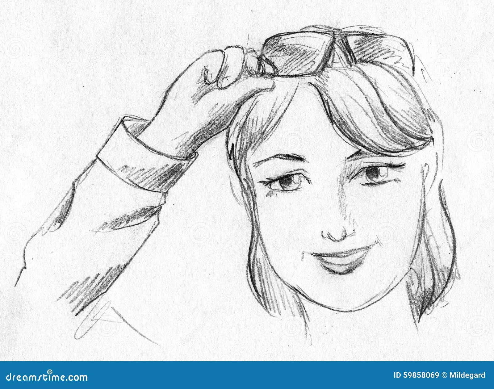 Girl With Glasses Up Pencil Sketch Stock Illustration