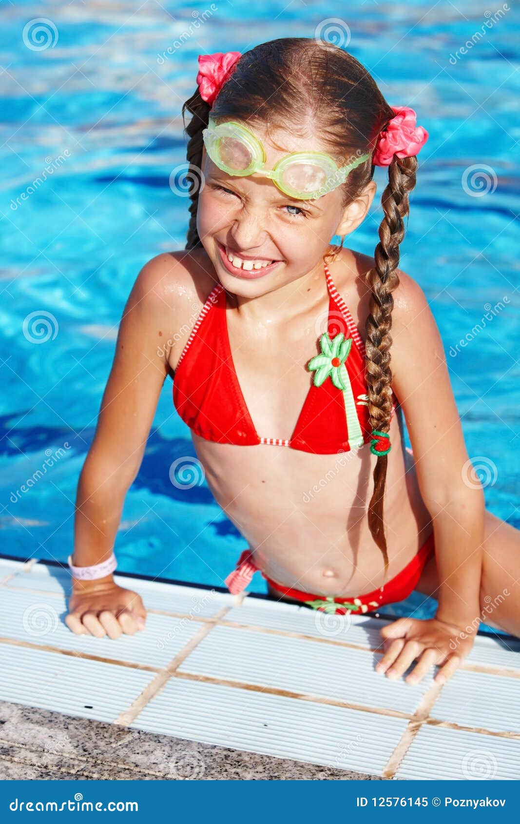 Girl with Goggles, Red Swimsuit in Swimming Pool Stock Image ...