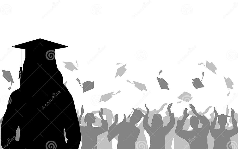 Girl Graduate On Background Of Joyful Crowd Of Graduates Throwing Their