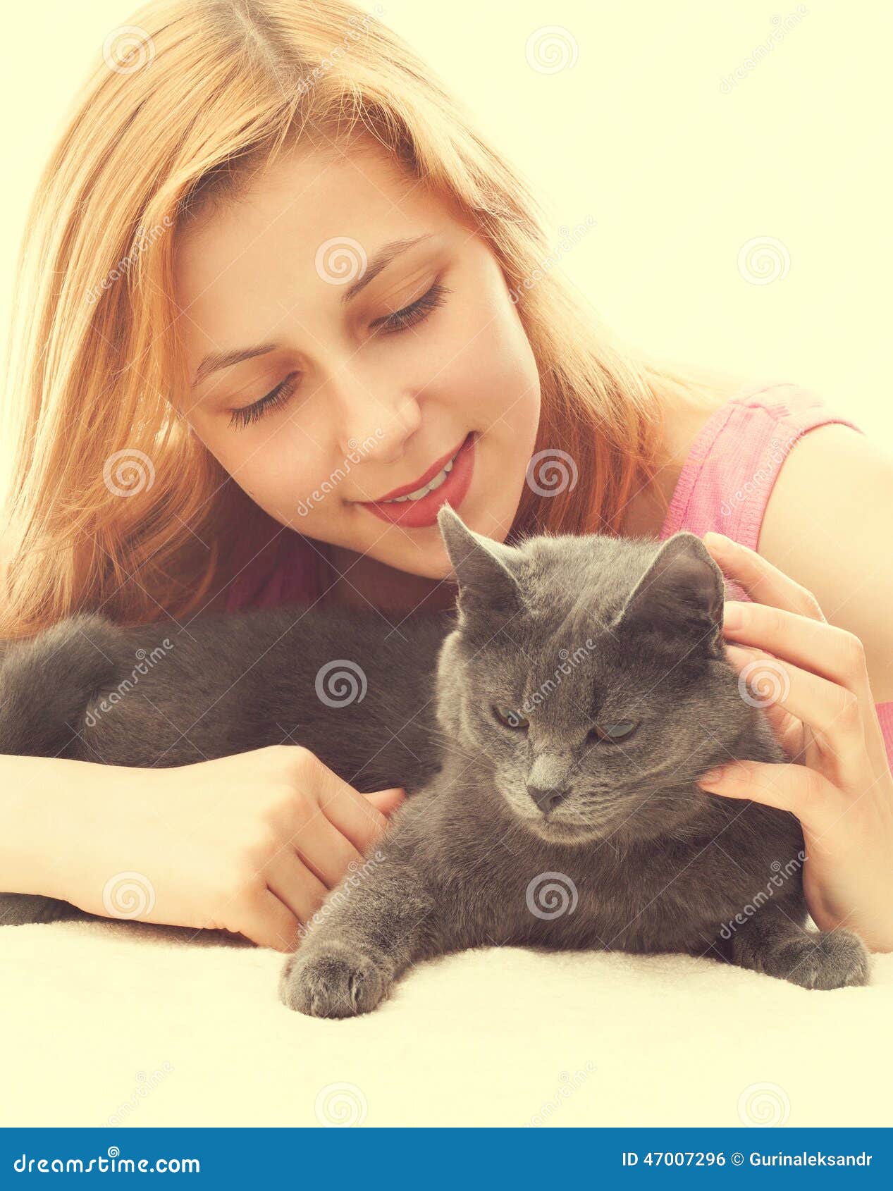 Girl And Gray Cat Stock Photo - Image: 47007296