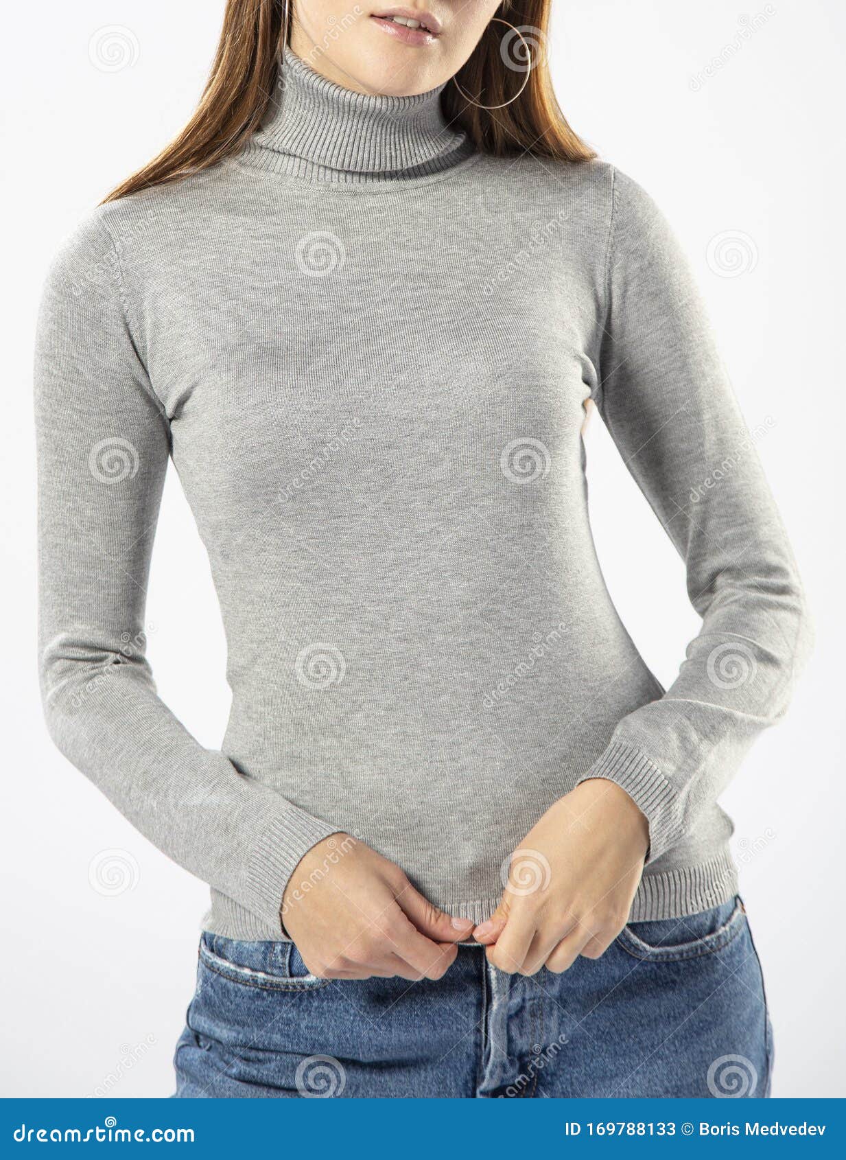 Girl in a Gray Turtleneck Sweater and Blue Jeans on a White Background  Stock Image - Image of cheerful, autumn: 169788133