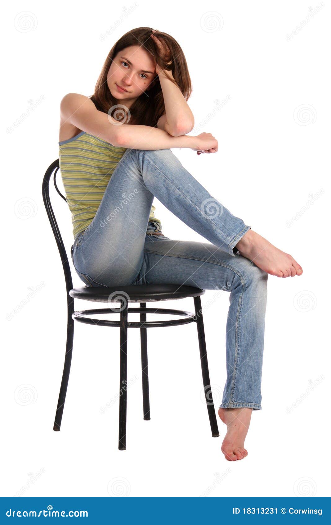 https://thumbs.dreamstime.com/z/girl-green-stripy-top-sit-stool-touchs-hair-18313231.jpg