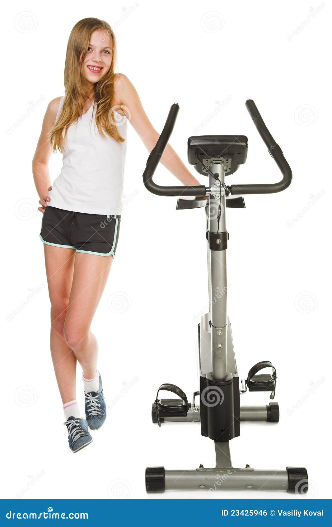 Young Fitness Girl With Sport Bike Is Walking In The City 