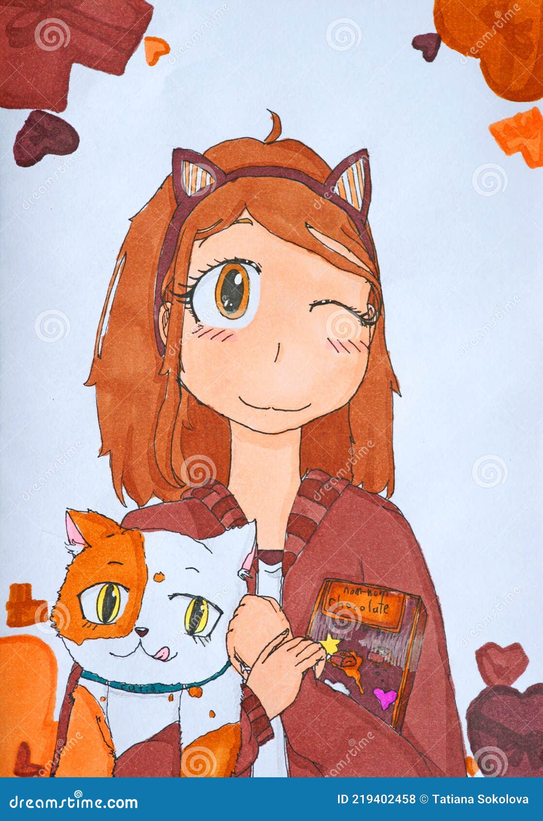 Cute Anime girl with her kawaii cat