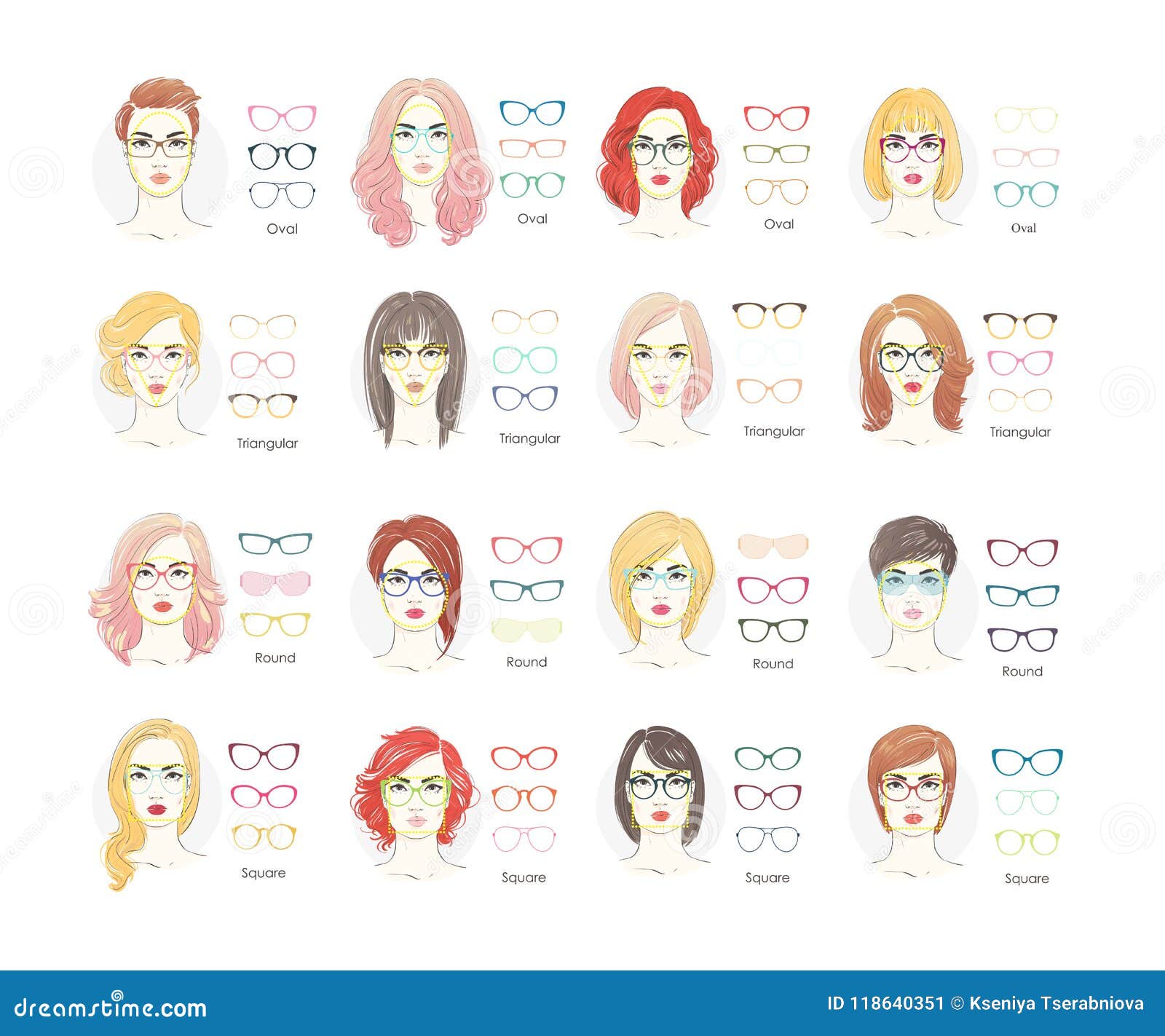 Girl Haircut Glasses Type. Woman Haircut Glasses Type or Set. Flat Vector  Sunglasses Collection Illustration Stock Vector - Illustration of oval,  glasses: 118640351