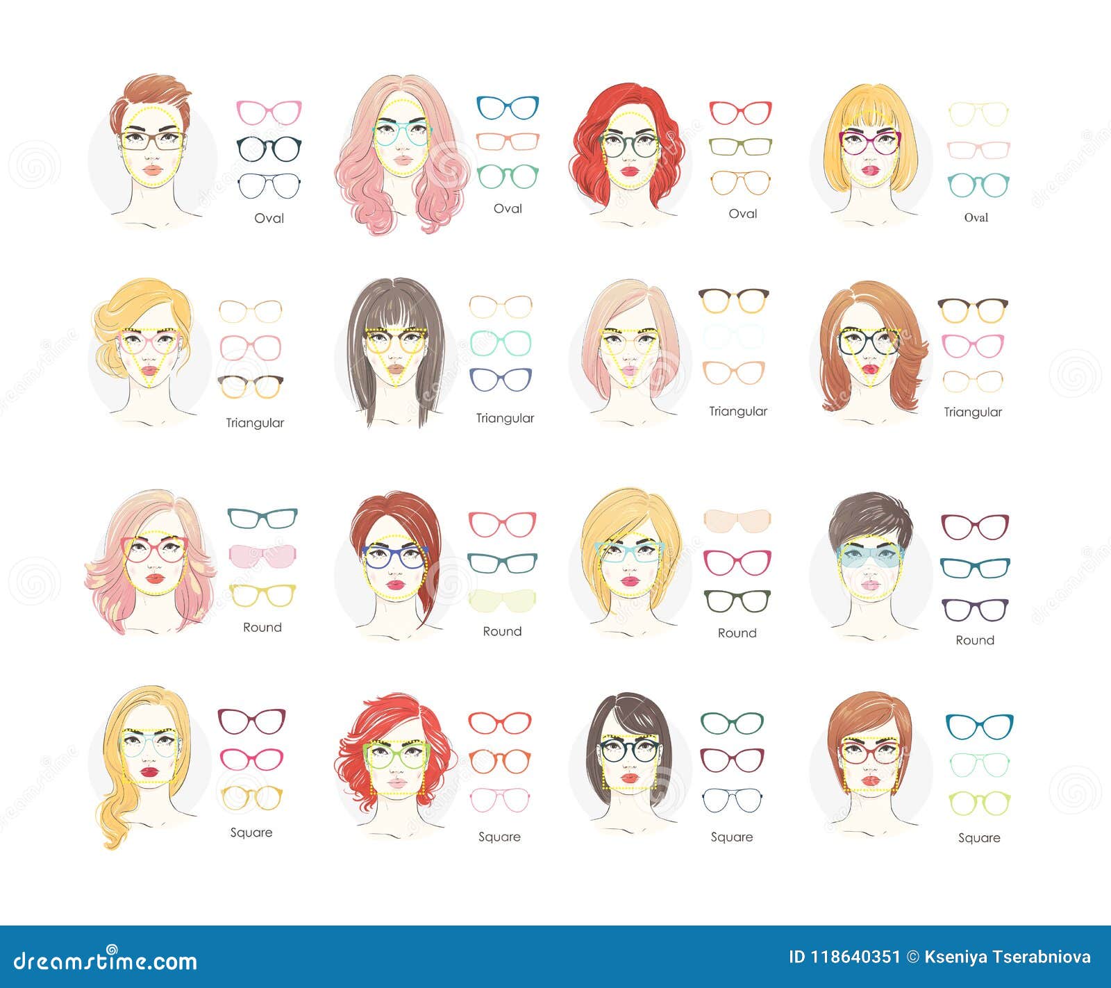 Girl Haircut Glasses Type. Woman Haircut Glasses Type or Set. Flat