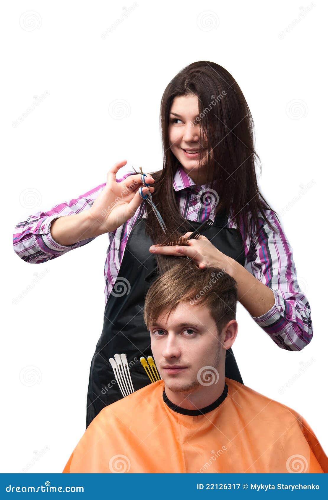 Girl Hairdresser Cutting Hair of Young Man Isolate Stock Image - Image of  hair, cosmetic: 22126317