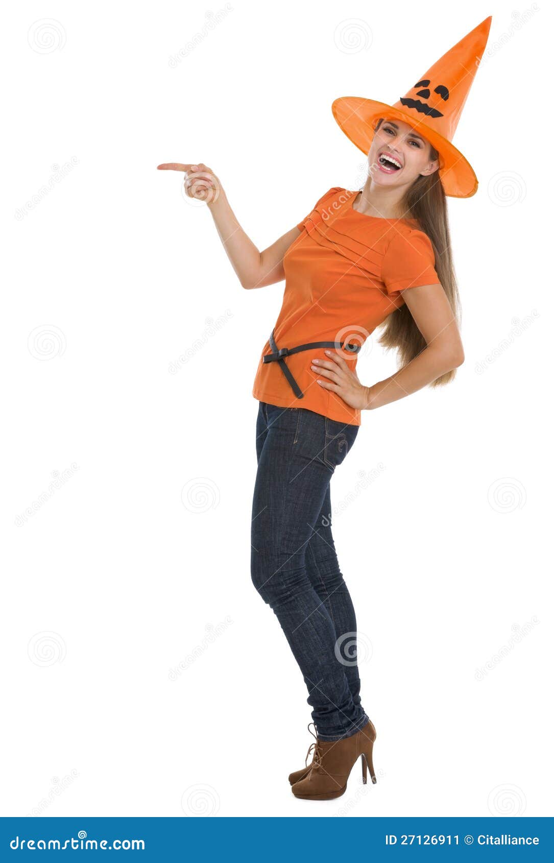 Girl in Halloween Hat Pointing on Copy Space Stock Image Image of