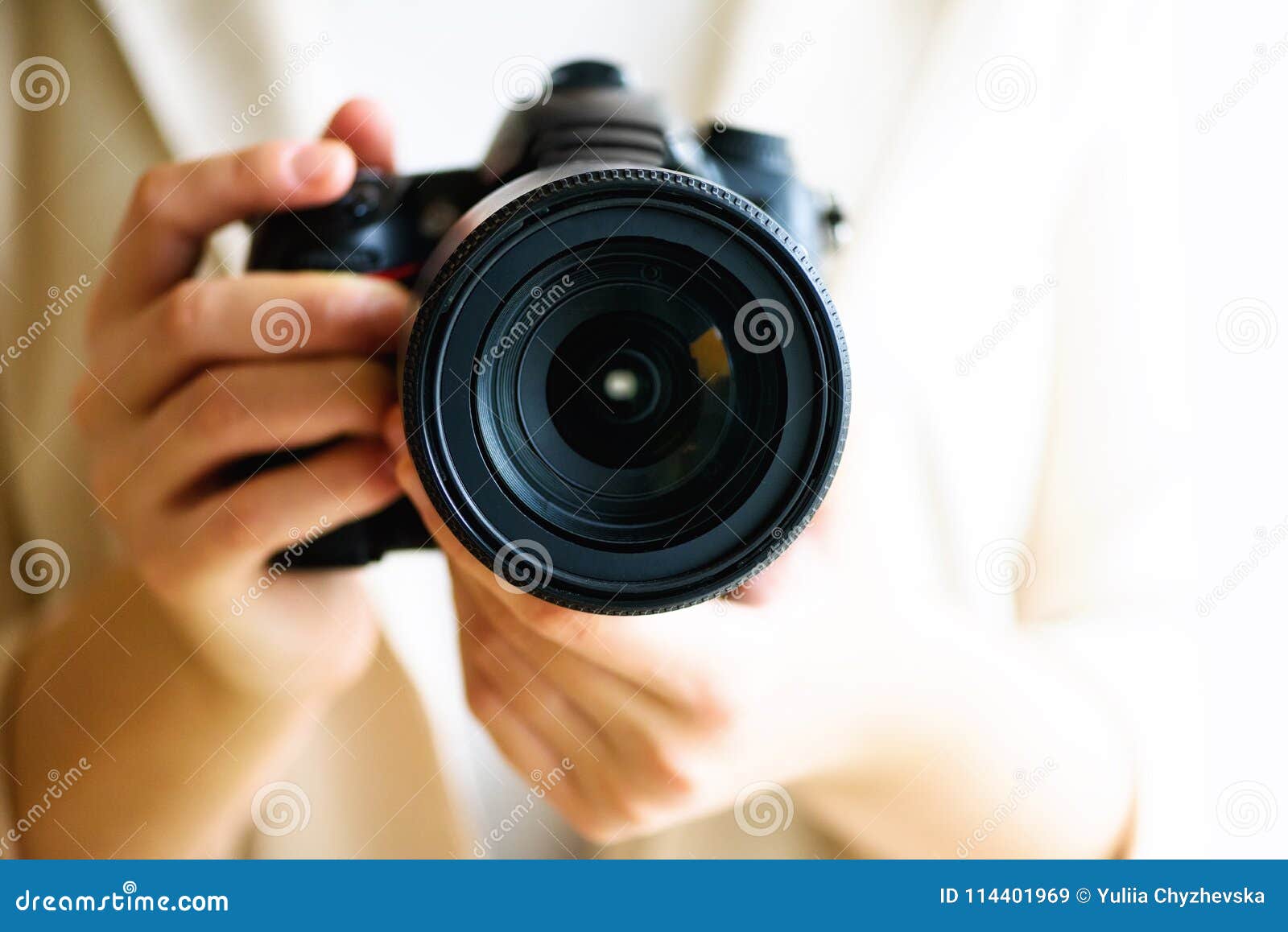 Girl Hands Holding Photo Camera, White Background, Copy Space ...