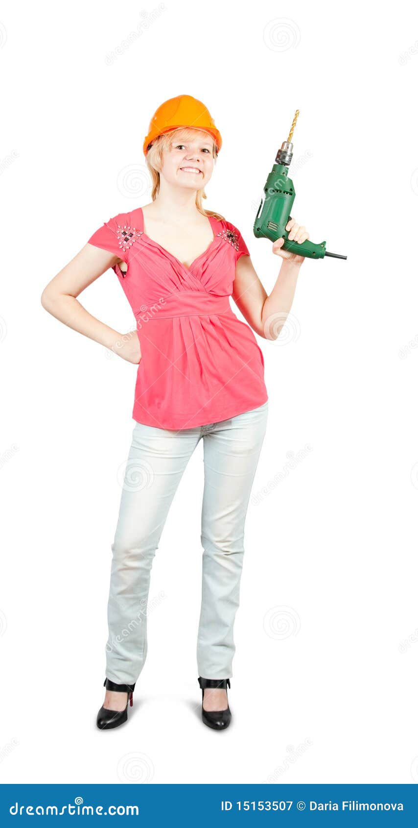 Girl in Hard Hat with Drill Stock Image Image of hard, engineering