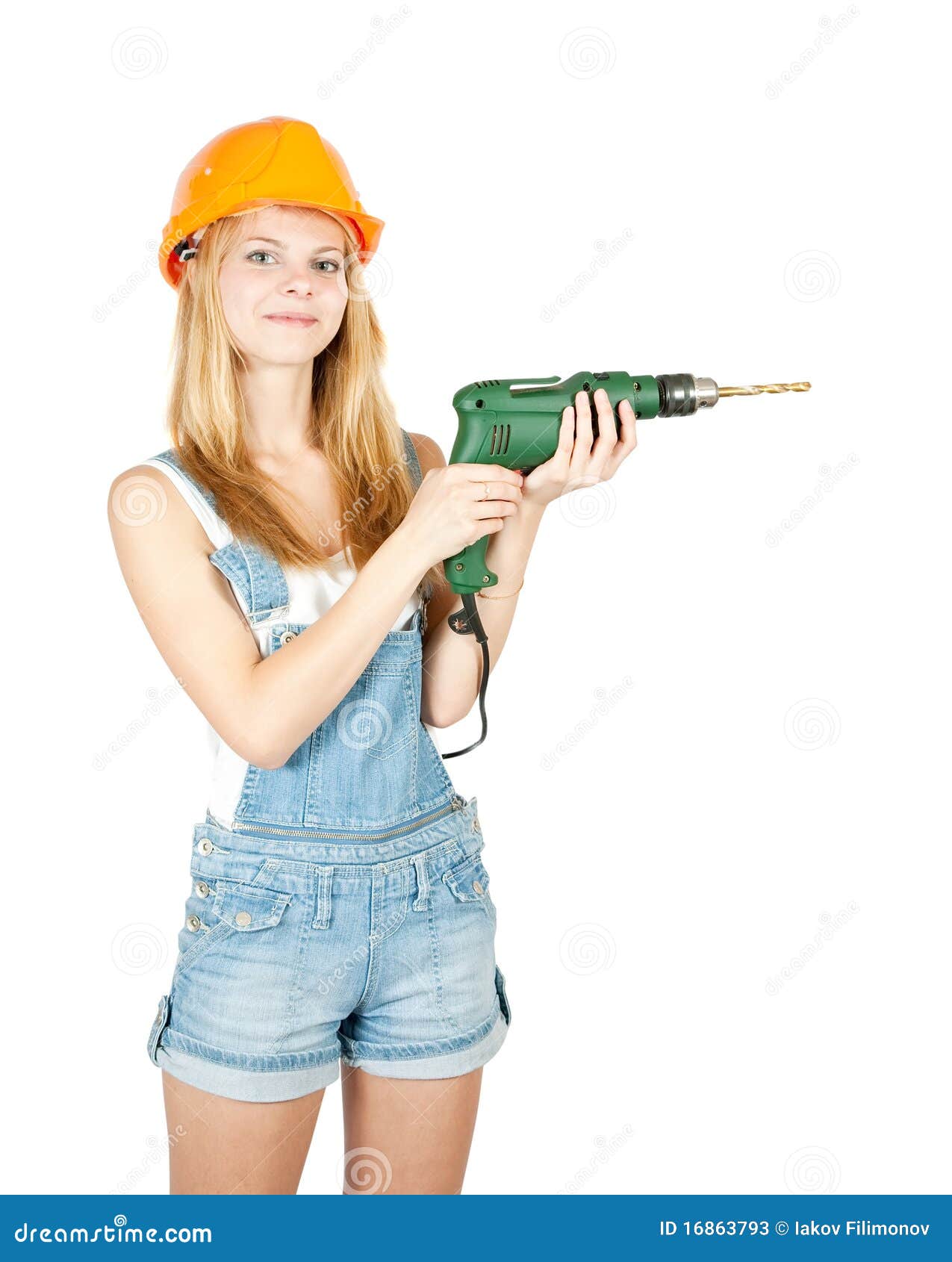 Girl in Hard Hat with Drill Stock Image Image of girl, safety 16863793