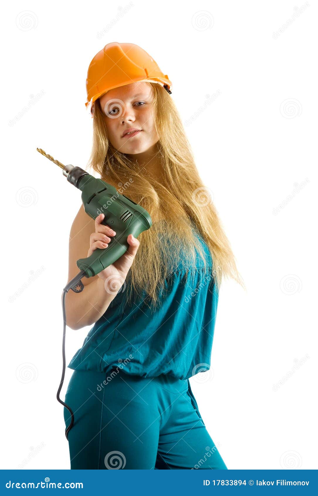 Girl in Hard Hat with Drill Stock Photo Image of engineering, lady