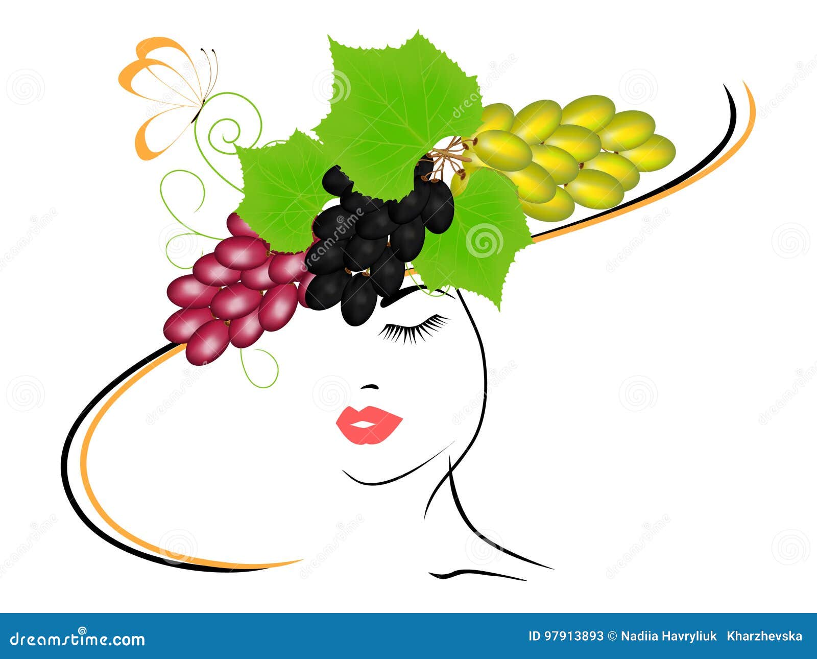 Girl in a hat with grapes and a butterfly. Girl in a hat with grapes and a butterfly, beautiful illustration.