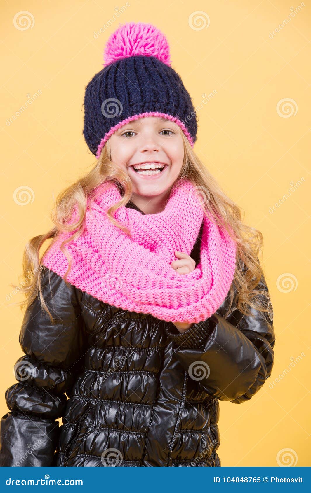 Girl in Hat, Pink Scarf, Black Jacket on Orange Background Stock Image ...