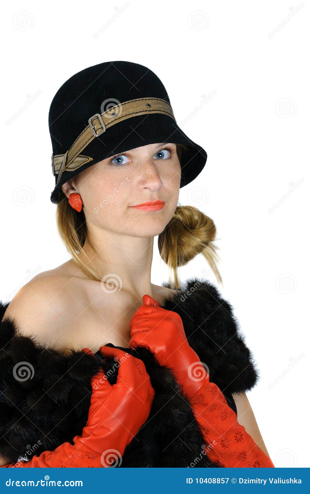 Girl in hat and red gloves stock image. Image of isolated 10408857