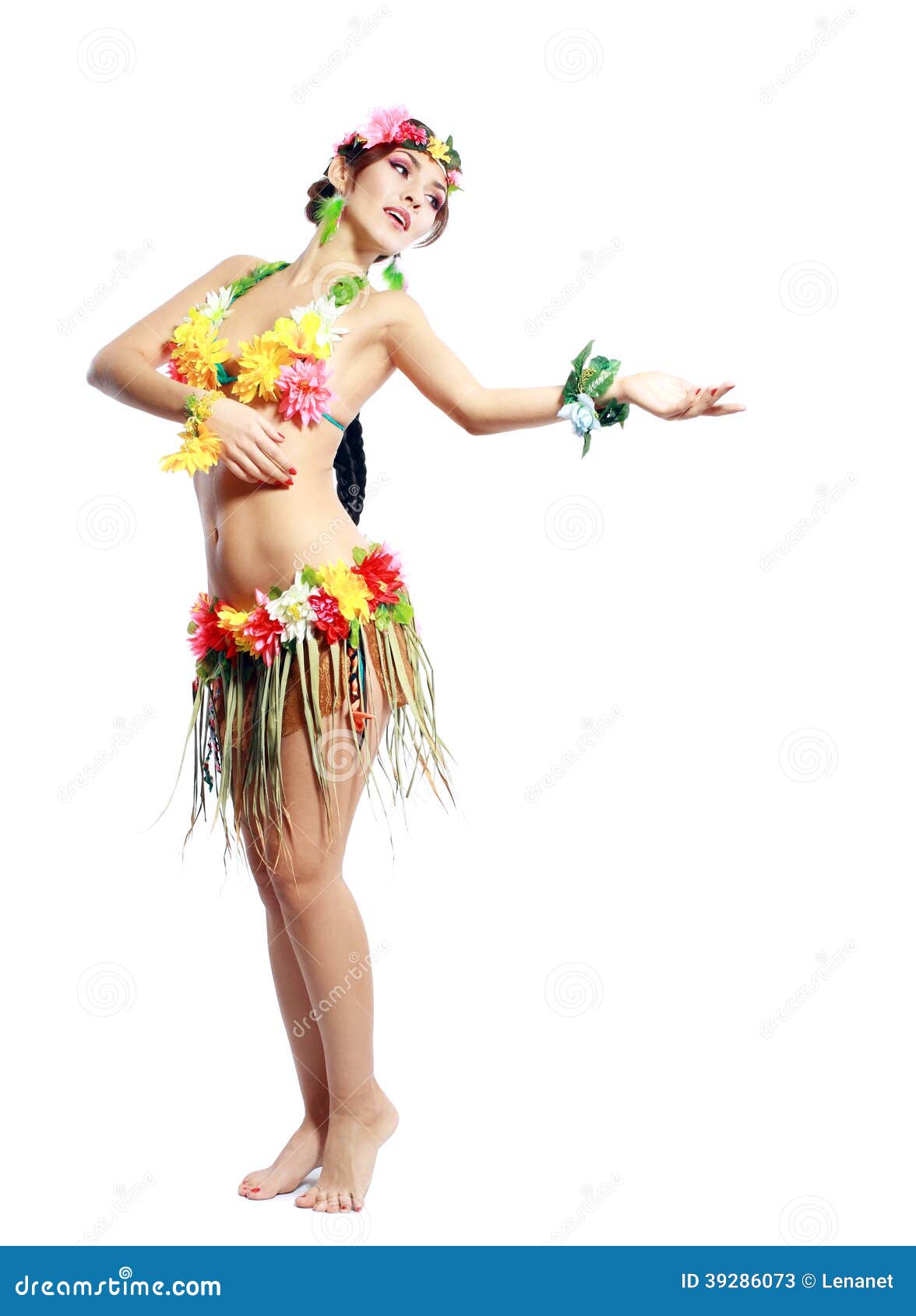Beautiful exotic girl with Hawaiian accessories, hula dancer isolated on wh...
