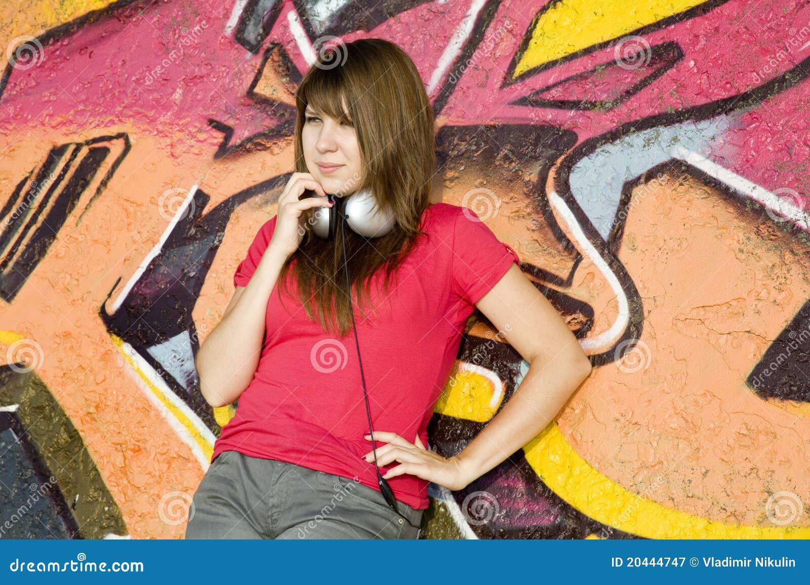 Girl With Headphones And Graffiti Wall Stock Image Image of caucasian