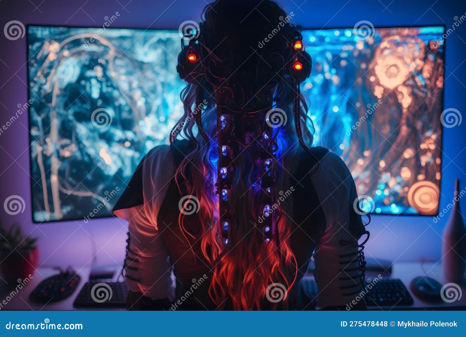 Girl in headphones plays a video game on the big TV screen. Gamer with a  joystick.