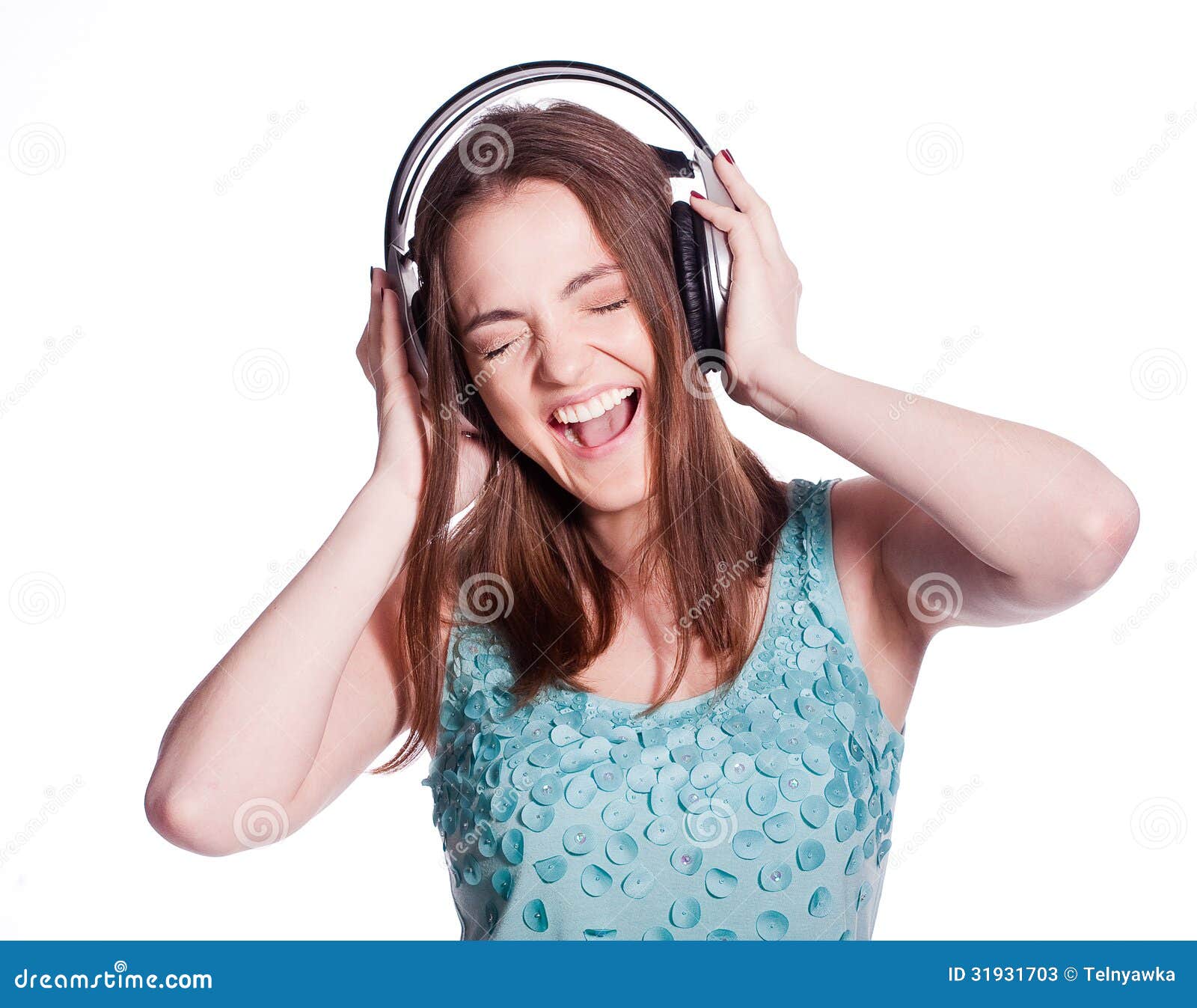 Girl with Headphones Singing on White Background Stock Image Image of