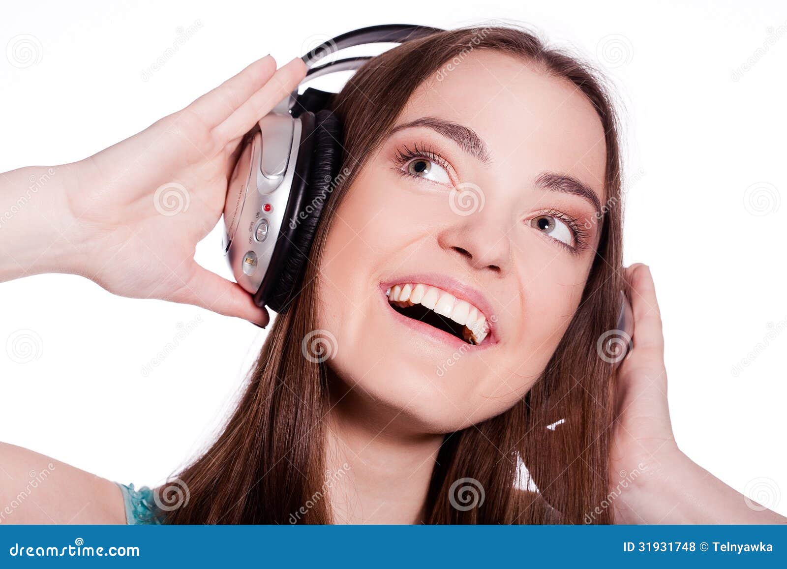 Girl with Headphones Singing on White Background Stock Photo Image of