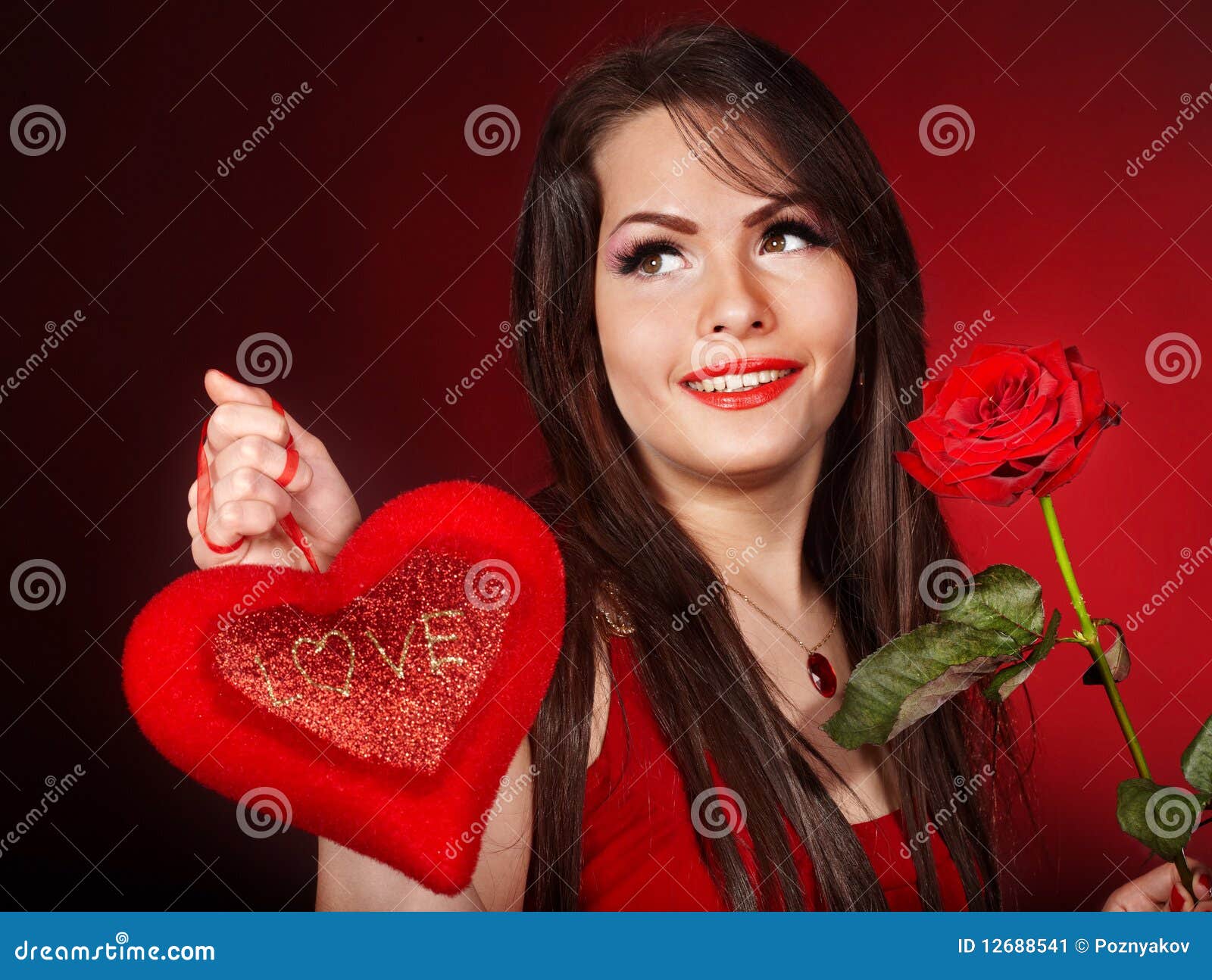 Girl with Heart and Rose on Red Background. Stock Image Image of