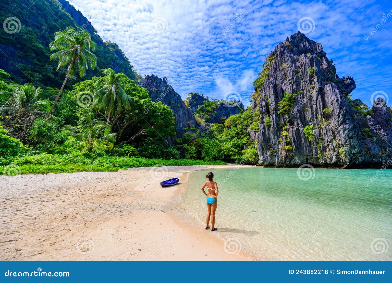 Girl At Hidden Beach In Matinloc Island El Nido Palawan Philippines Paradise Lagoon And