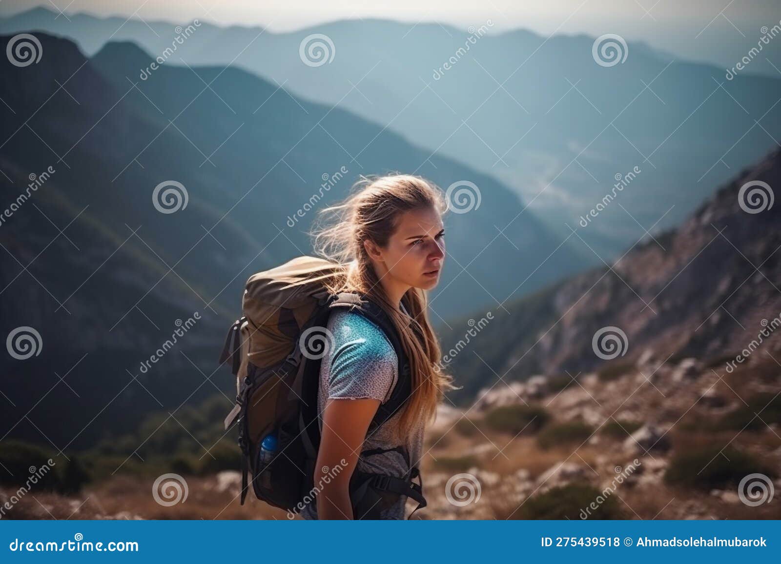 A Girl Hiking on Mountain Created with AI Tools Stock Illustration