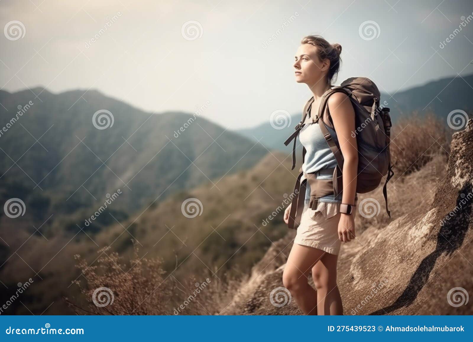 A Girl Hiking on Mountain Created with AI Tools Stock Illustration
