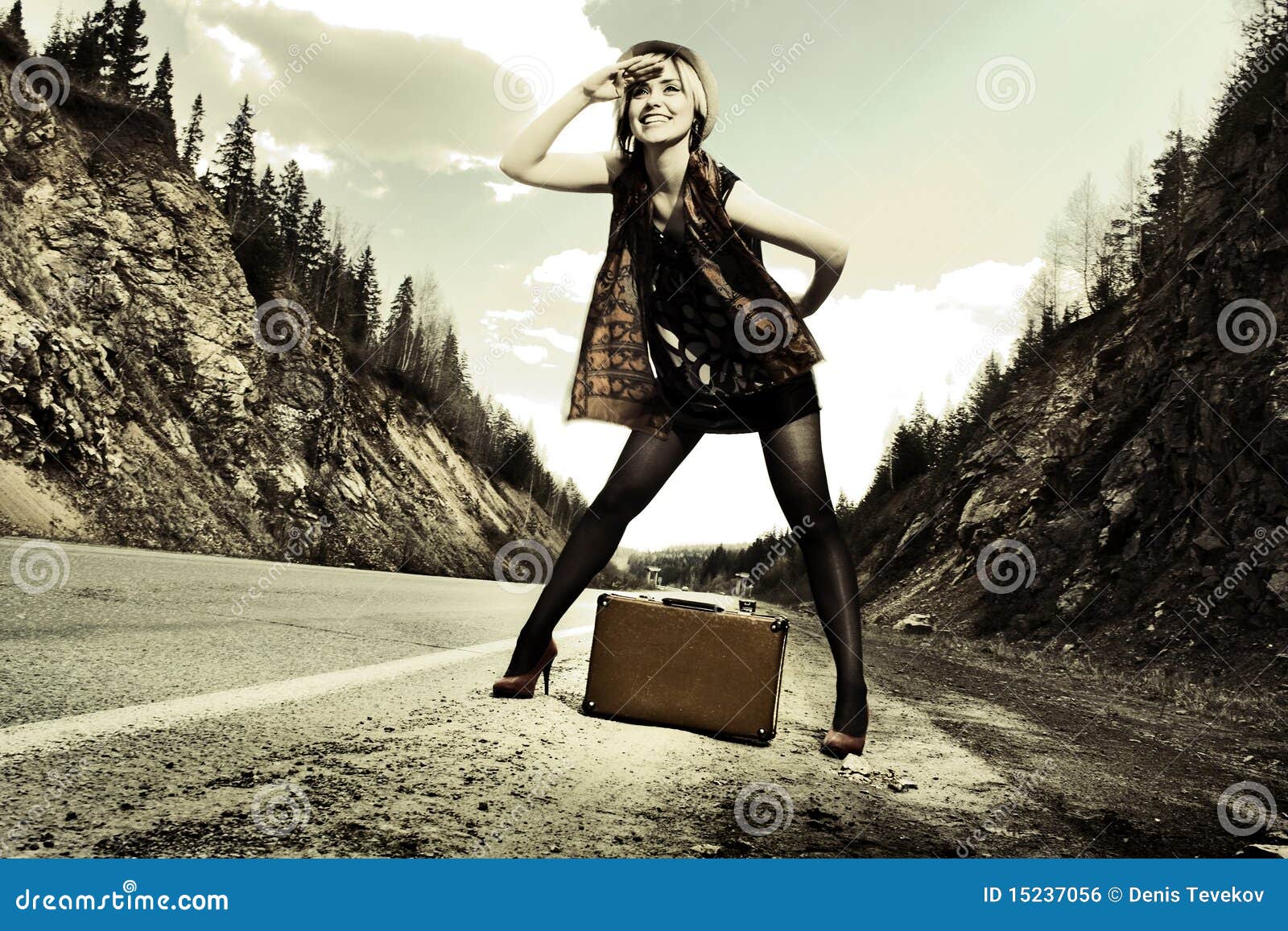 Girl Hitchhiking With Suitcase Royalty Free Stock Image Image 15237056