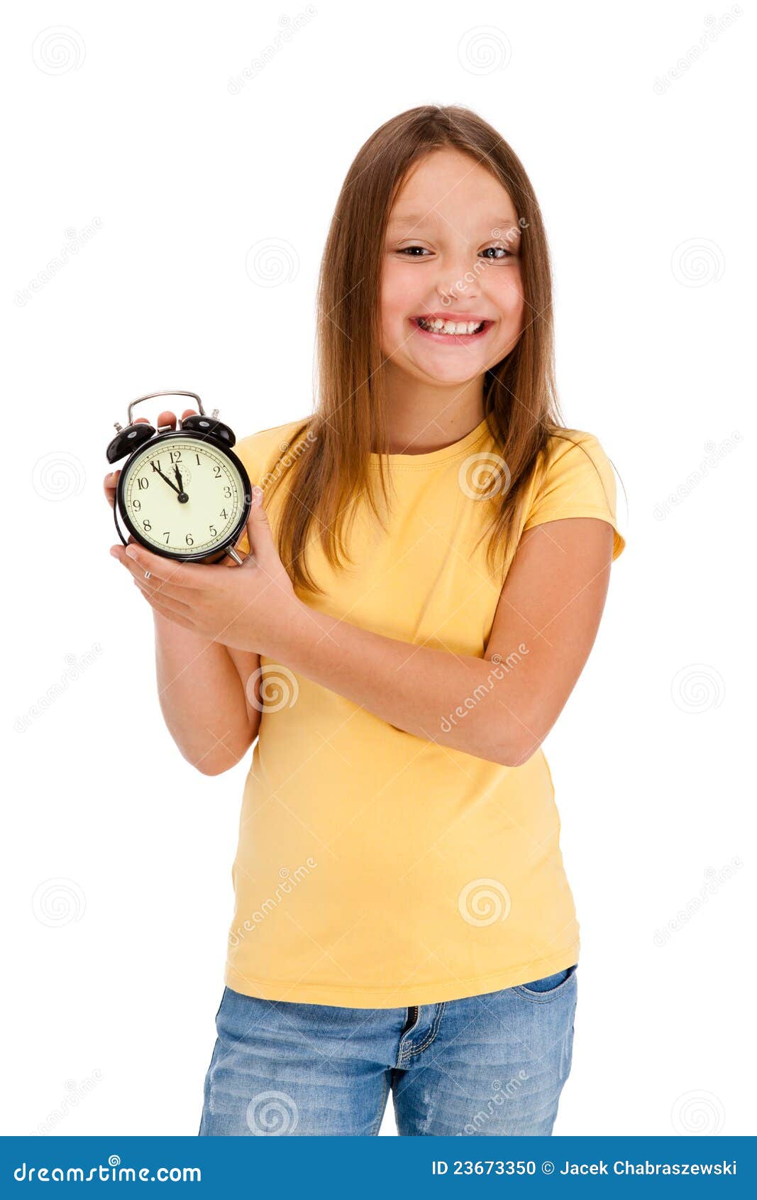 Girl Holding Alarmclock Isolated on White Stock Photo Image of alarm