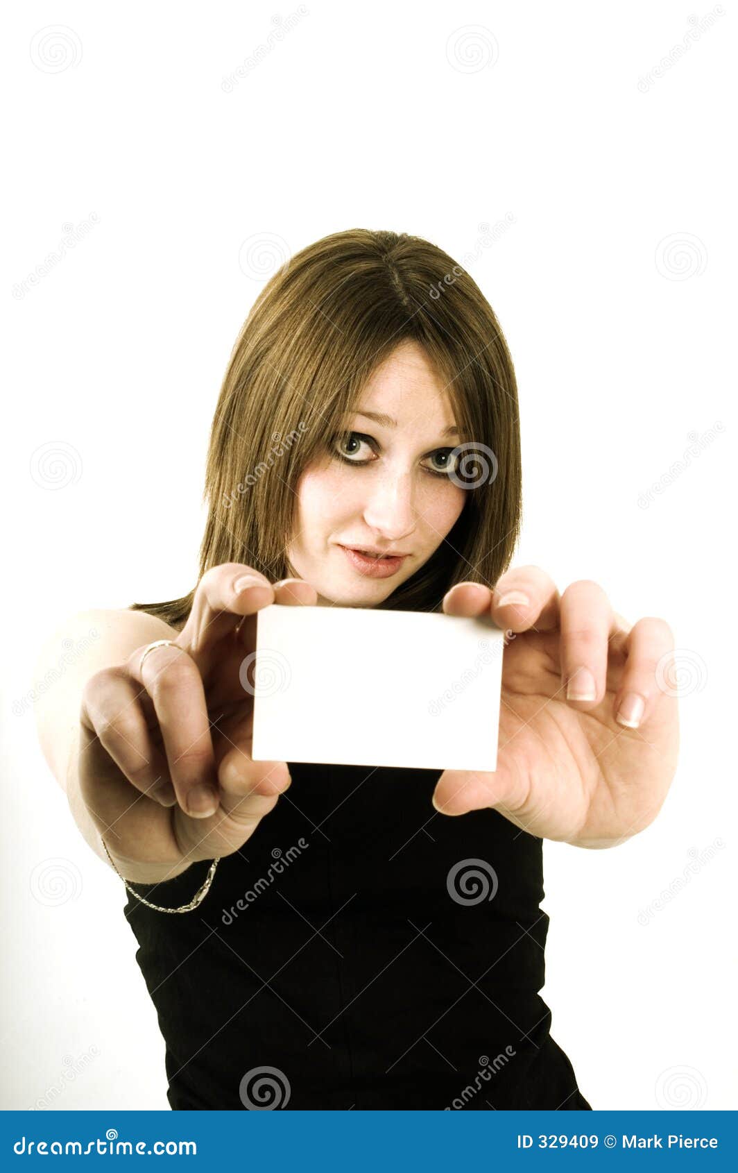 Girl holding blank card stock image. Image of advertisement 329409