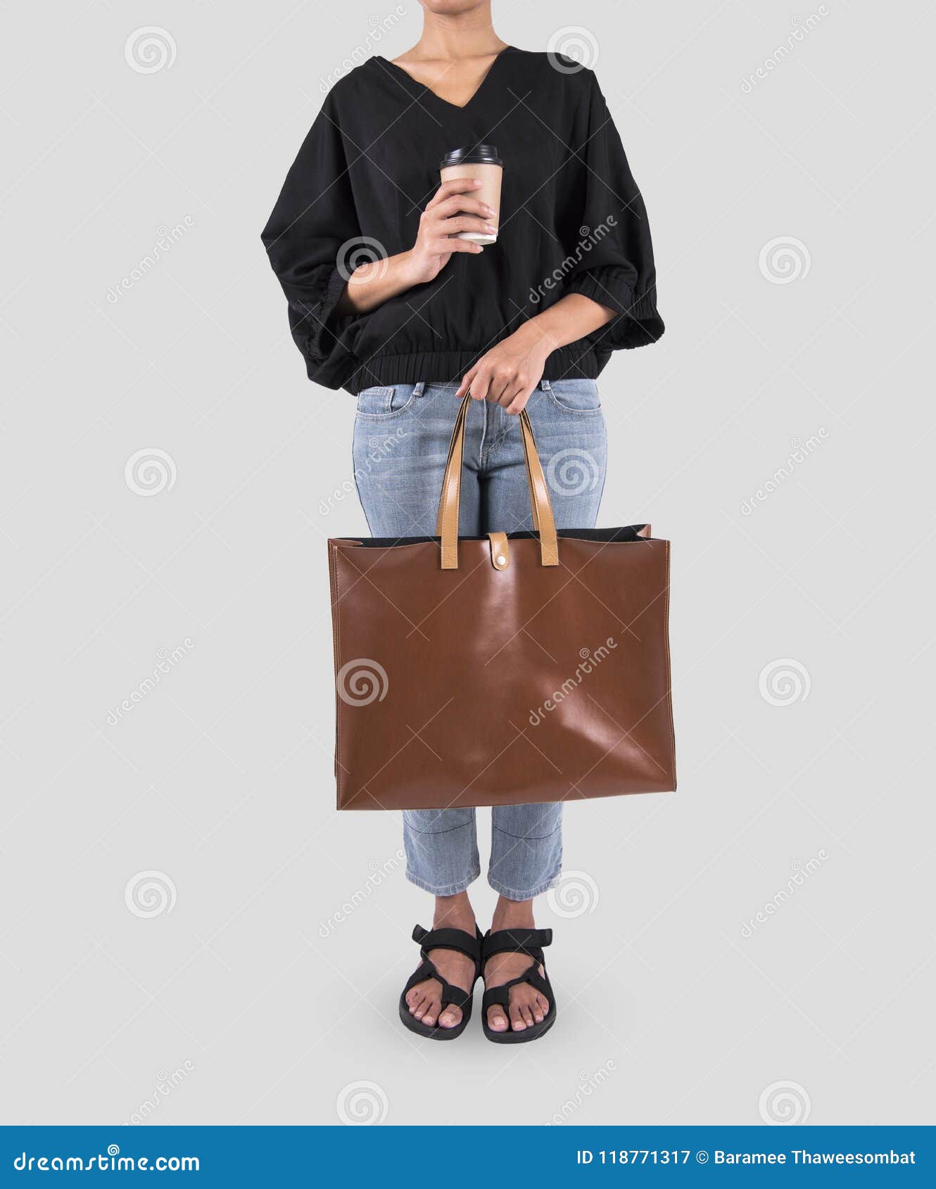 Download Girl Is Holding Brown Leather Bag For Mockup Blank ...