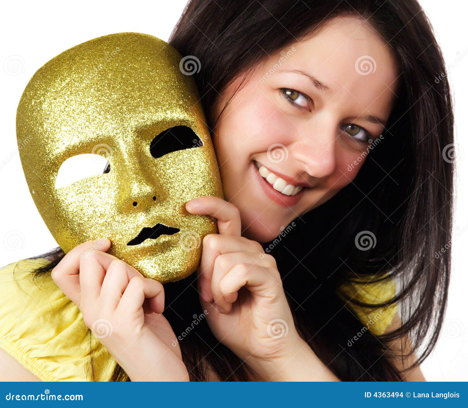 Girl holding a gold mask stock photo. Image of happy, theater 4363494