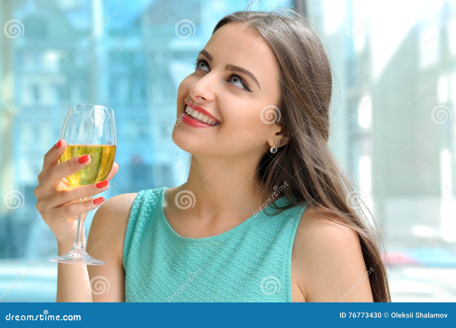 Girl Holding in Her Right Hand a Full Glass of White Wine Stock Photo ...