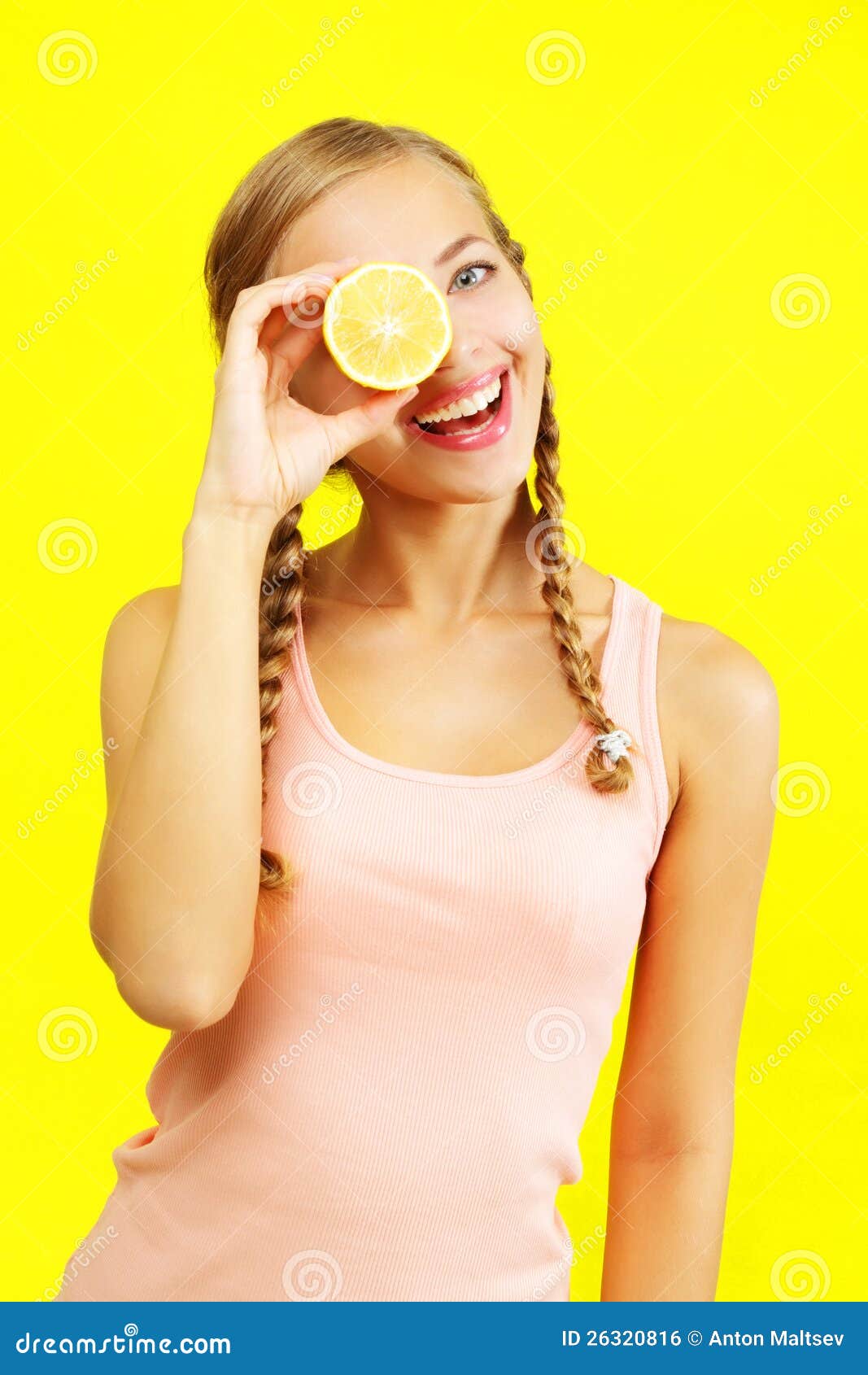 Girl Holding Lemons on Yellow Background Stock Photo Image of happy