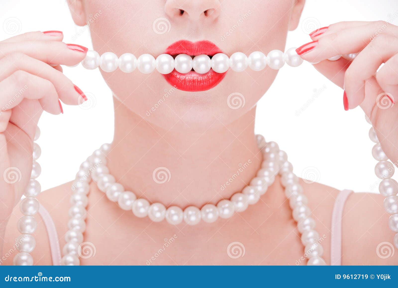 Girl Holding Pearl Necklace Stock Image Image of mouth, young 9612719